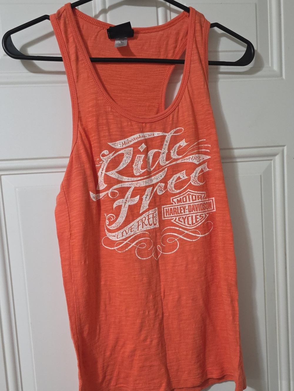 Harley-Davidson Orange Racerback Tank with White 'Ride Free' Graphic
